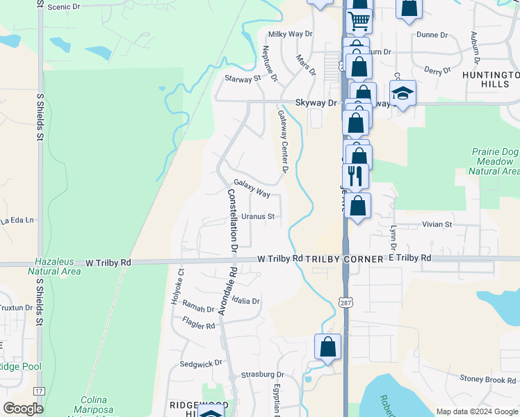 map of restaurants, bars, coffee shops, grocery stores, and more near 6409 North Lunar Court in Fort Collins