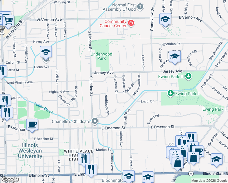 map of restaurants, bars, coffee shops, grocery stores, and more near 1209 Stephens Drive in Normal
