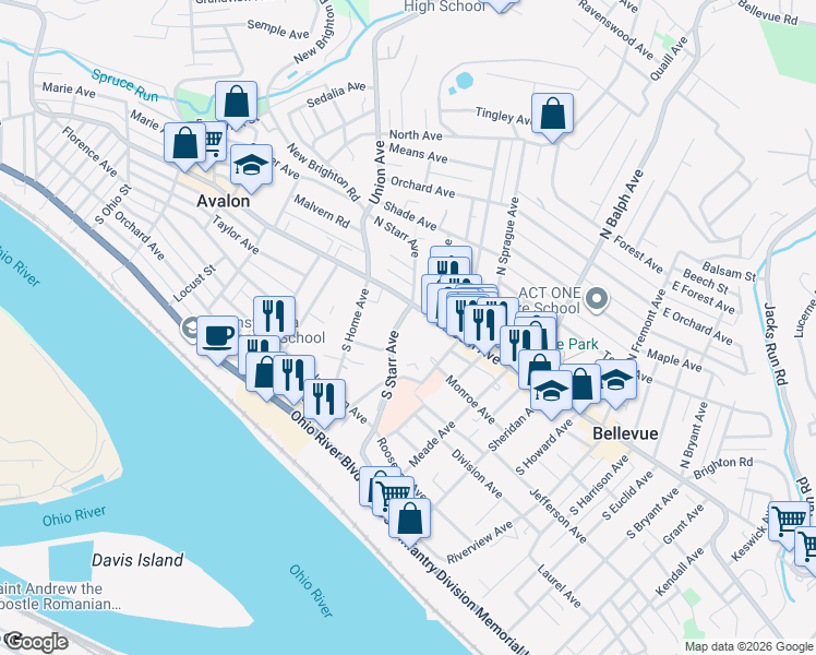 map of restaurants, bars, coffee shops, grocery stores, and more near in Ben Avon