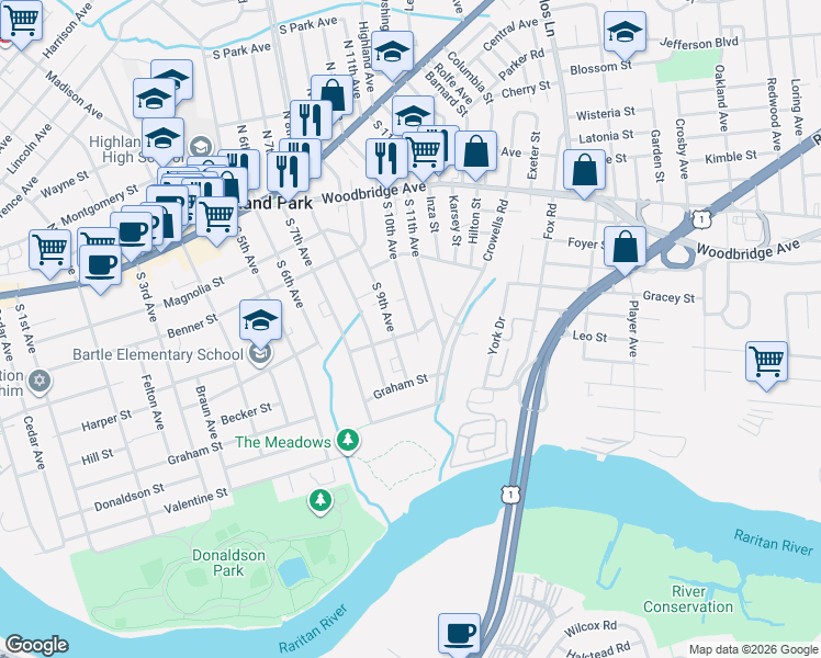 map of restaurants, bars, coffee shops, grocery stores, and more near 815 Eden Avenue in Highland Park