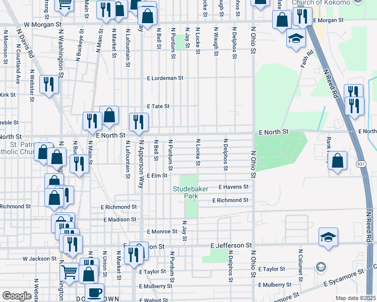 map of restaurants, bars, coffee shops, grocery stores, and more near 821 East Dixon Street in Kokomo