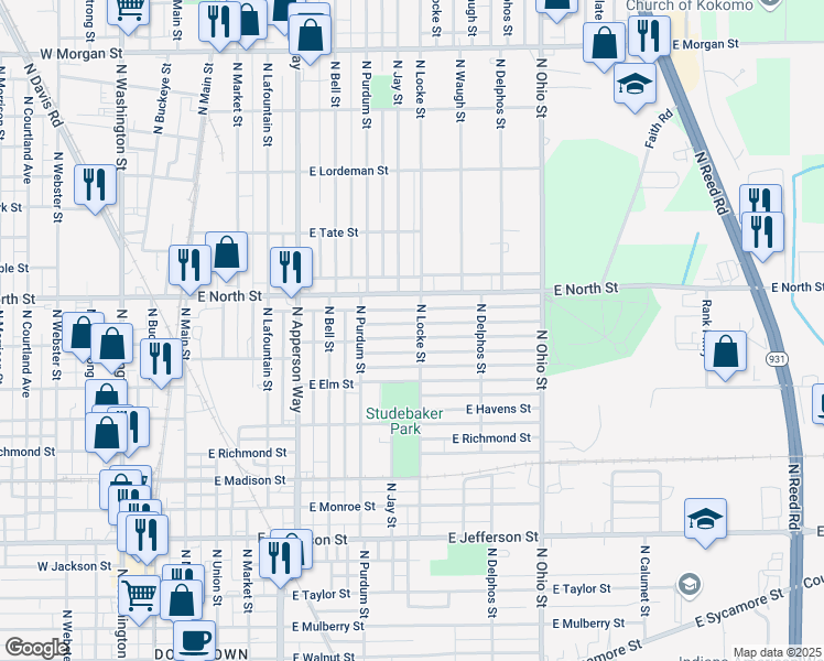 map of restaurants, bars, coffee shops, grocery stores, and more near 821 East Dixon Street in Kokomo