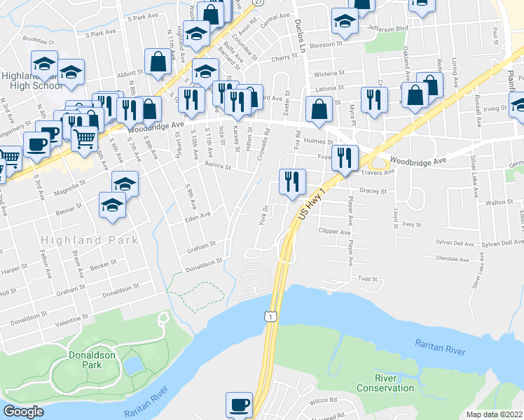 map of restaurants, bars, coffee shops, grocery stores, and more near 21 York Drive in Edison
