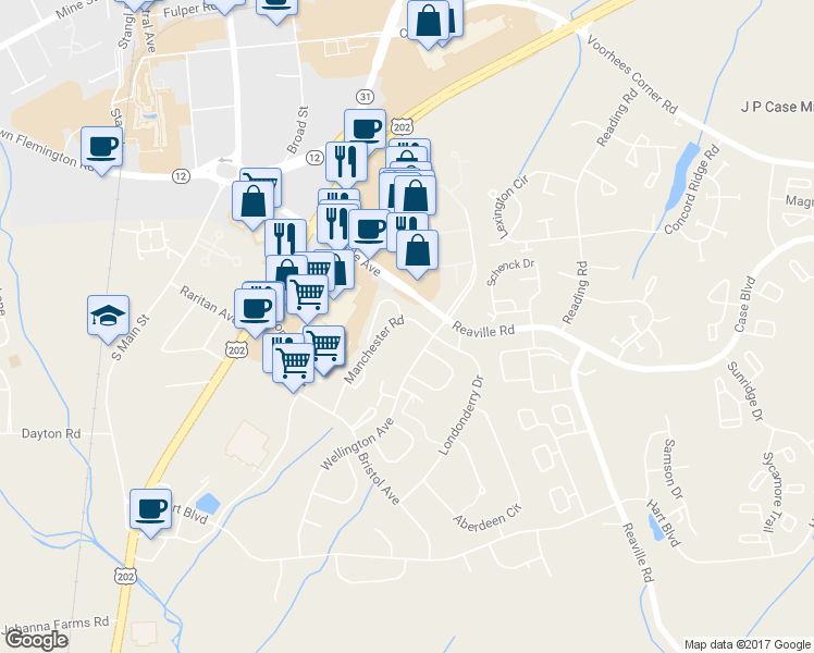 map of restaurants, bars, coffee shops, grocery stores, and more near 13 Manchester Road in Flemington