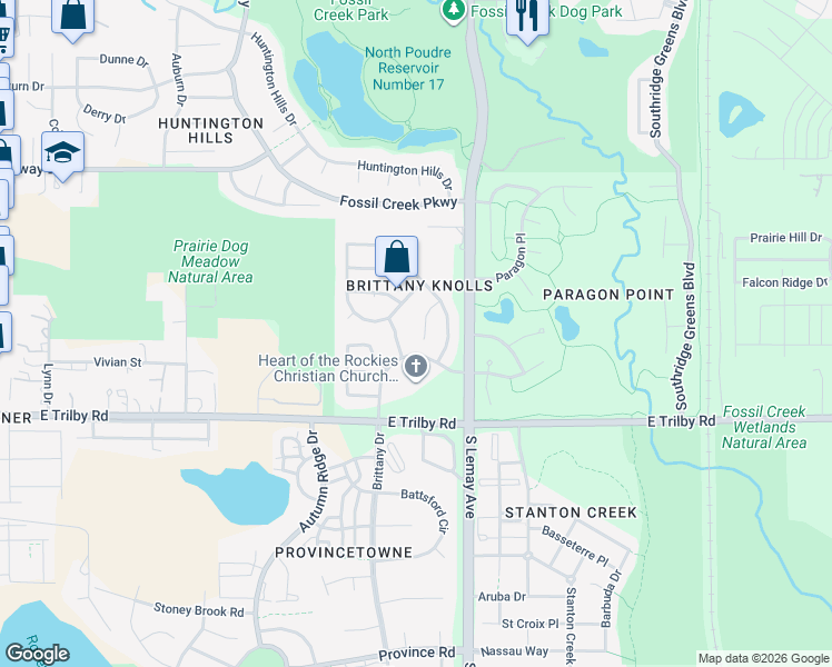 map of restaurants, bars, coffee shops, grocery stores, and more near 6409 Buchanan Court in Fort Collins