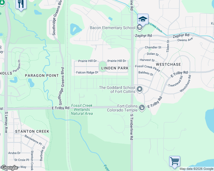 map of restaurants, bars, coffee shops, grocery stores, and more near 6398 Red Willow Drive in Fort Collins