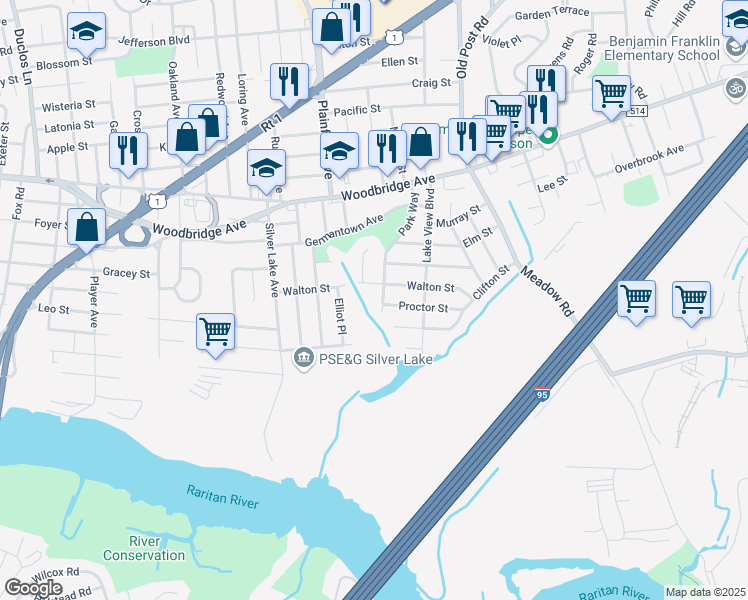 map of restaurants, bars, coffee shops, grocery stores, and more near 108 Park Way in Edison