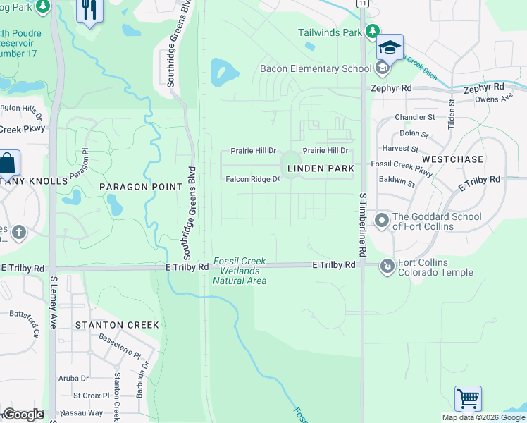map of restaurants, bars, coffee shops, grocery stores, and more near 1790 East Trilby Road in Fort Collins