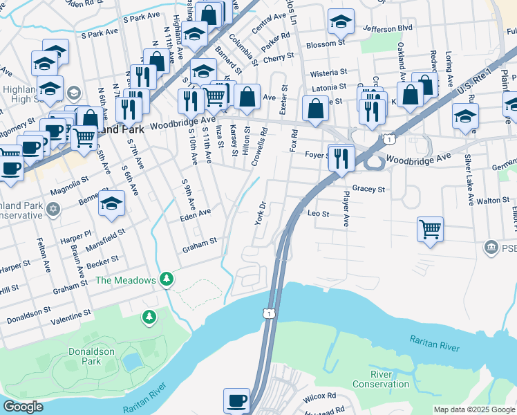 map of restaurants, bars, coffee shops, grocery stores, and more near 21 York Drive in Edison