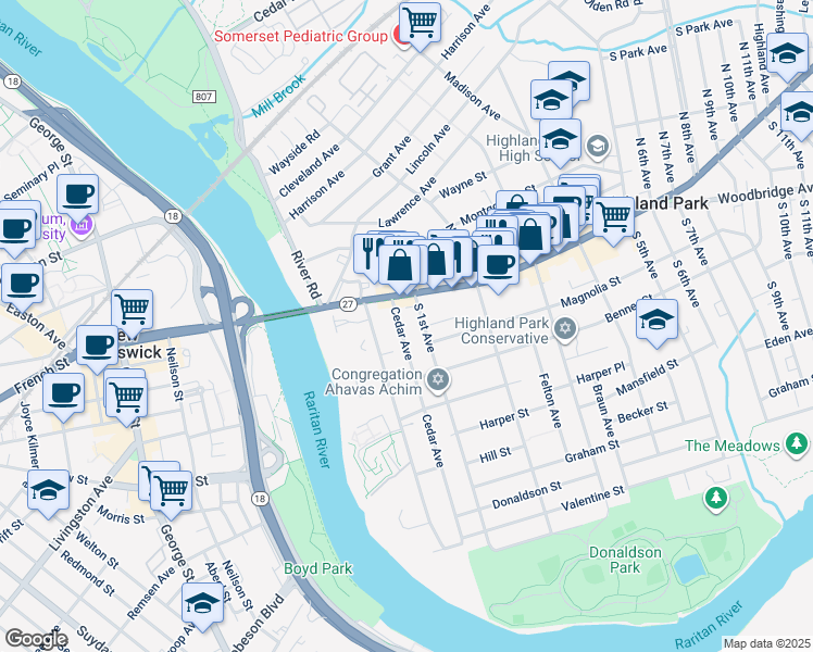 map of restaurants, bars, coffee shops, grocery stores, and more near 31 Cedar Avenue in Highland Park
