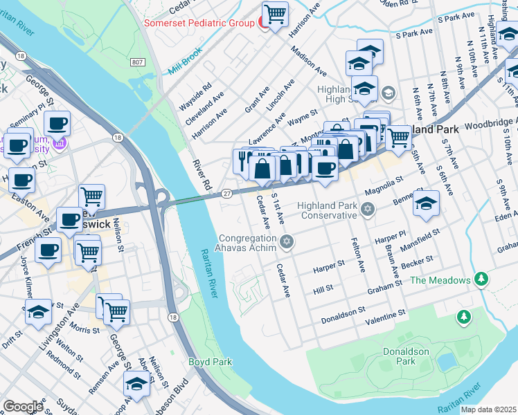 map of restaurants, bars, coffee shops, grocery stores, and more near 31 Cedar Avenue in Highland Park