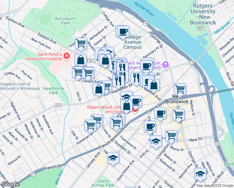 map of restaurants, bars, coffee shops, grocery stores, and more near 48 Division Street in New Brunswick