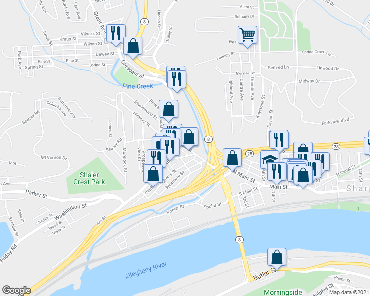 map of restaurants, bars, coffee shops, grocery stores, and more near 42 Bridge Street in Pittsburgh
