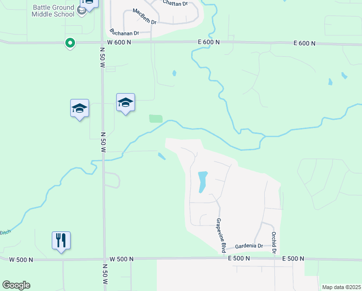 map of restaurants, bars, coffee shops, grocery stores, and more near 6 Grapevine Place in West Lafayette