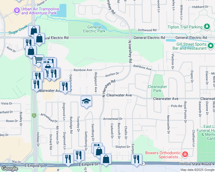 map of restaurants, bars, coffee shops, grocery stores, and more near 1412 North Hershey Road in Bloomington