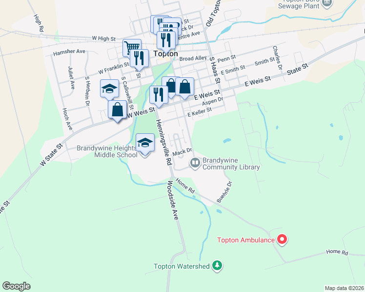 map of restaurants, bars, coffee shops, grocery stores, and more near 18 Mack Drive in Topton