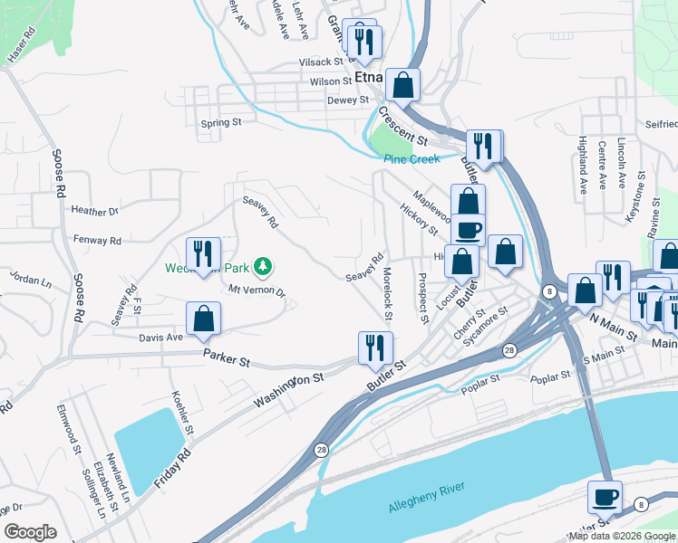 map of restaurants, bars, coffee shops, grocery stores, and more near 80 Seavey Road in Pittsburgh