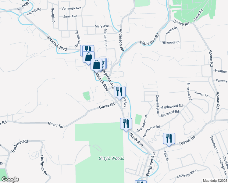 map of restaurants, bars, coffee shops, grocery stores, and more near 1427 Evergreen Road in Pittsburgh