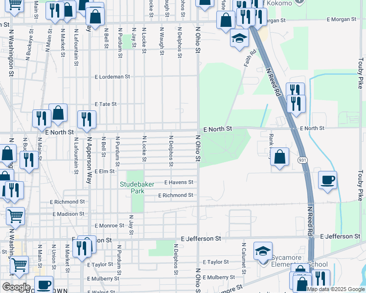 map of restaurants, bars, coffee shops, grocery stores, and more near 1046 East Broadway Street in Kokomo