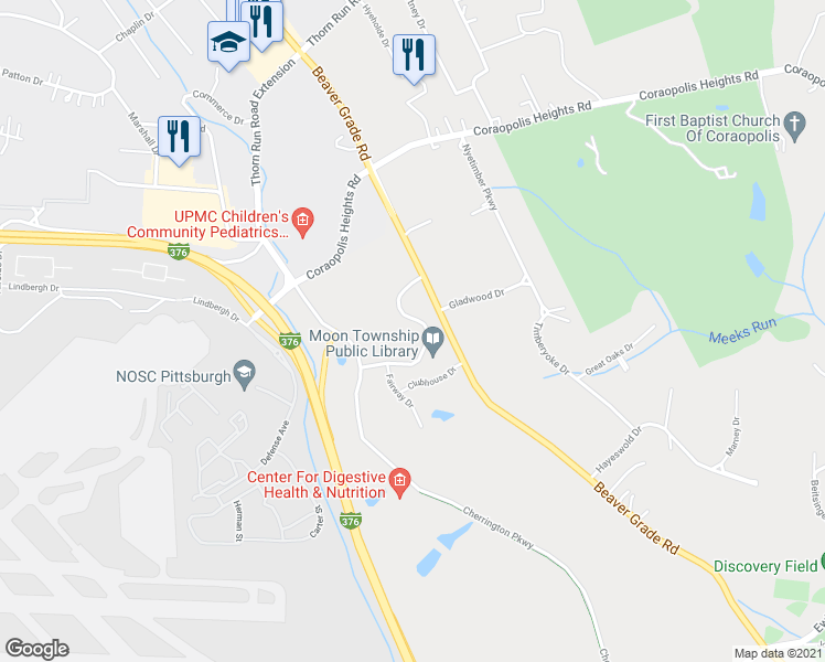 map of restaurants, bars, coffee shops, grocery stores, and more near 300 Cherrington Parkway in Coraopolis