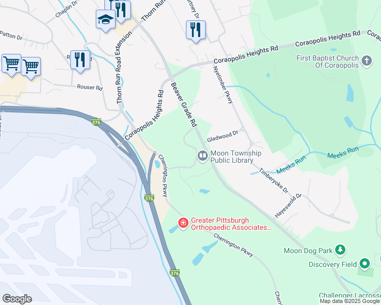 map of restaurants, bars, coffee shops, grocery stores, and more near 300 Cherrington Parkway in Coraopolis
