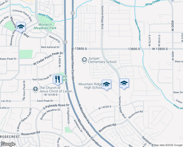 map of restaurants, bars, coffee shops, grocery stores, and more near 4596 West Watchmen Way in Herriman