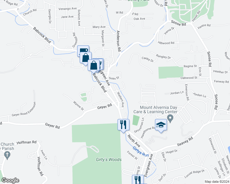 map of restaurants, bars, coffee shops, grocery stores, and more near 1432 Evergreen Road in Pittsburgh