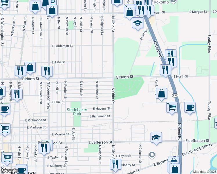 map of restaurants, bars, coffee shops, grocery stores, and more near 1043 East Dixon Street in Kokomo