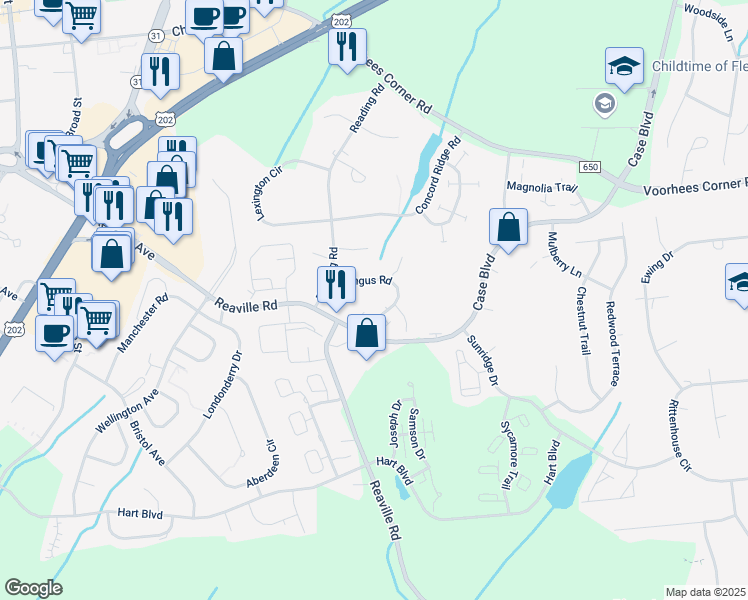 map of restaurants, bars, coffee shops, grocery stores, and more near 1 Cedar Court in Flemington