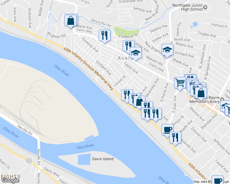 map of restaurants, bars, coffee shops, grocery stores, and more near Highway 65 in Avalon
