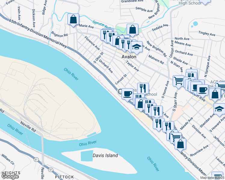 map of restaurants, bars, coffee shops, grocery stores, and more near 734 Ohio River Boulevard in Pittsburgh