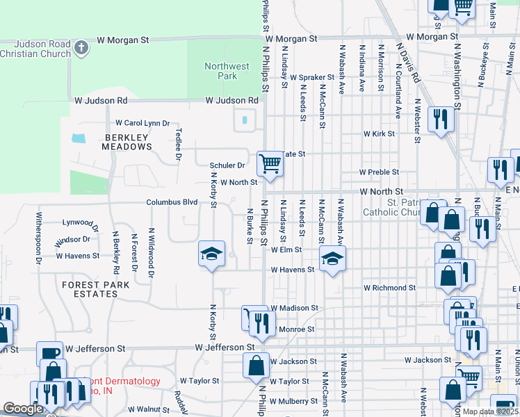 map of restaurants, bars, coffee shops, grocery stores, and more near 1207 North Philips Street in Kokomo
