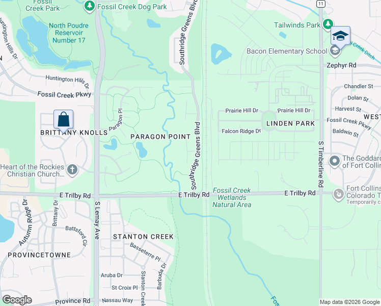 map of restaurants, bars, coffee shops, grocery stores, and more near 6419 Falcon Ridge Court in Fort Collins