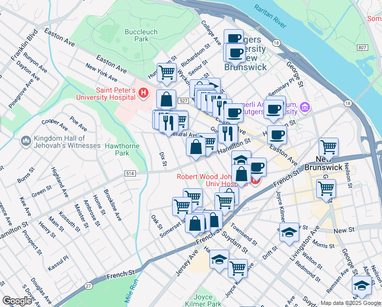 map of restaurants, bars, coffee shops, grocery stores, and more near 16 Hartwell Street in New Brunswick