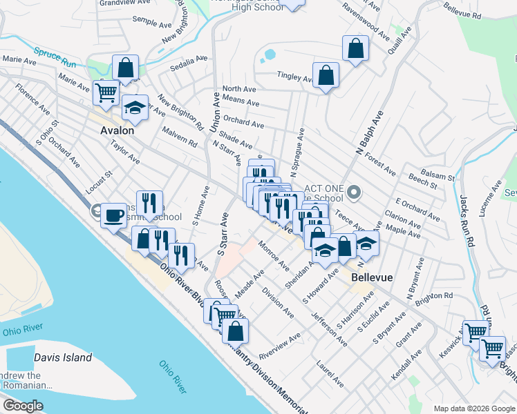 map of restaurants, bars, coffee shops, grocery stores, and more near 629 Lincoln Avenue in Bellevue