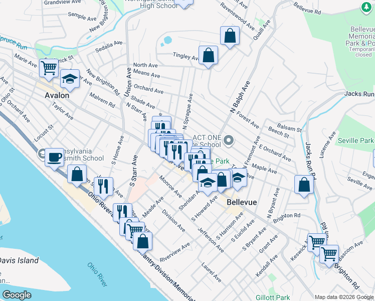 map of restaurants, bars, coffee shops, grocery stores, and more near 537 Bayne Avenue in Pittsburgh