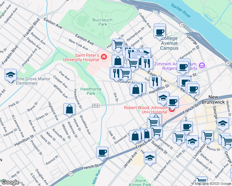 map of restaurants, bars, coffee shops, grocery stores, and more near 15 Dix Street in New Brunswick