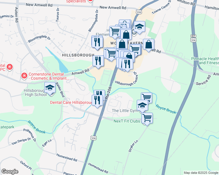 map of restaurants, bars, coffee shops, grocery stores, and more near 668 State Road in Hillsborough Township