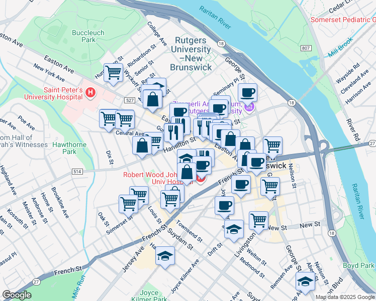 map of restaurants, bars, coffee shops, grocery stores, and more near 32 Hardenberg Street in New Brunswick