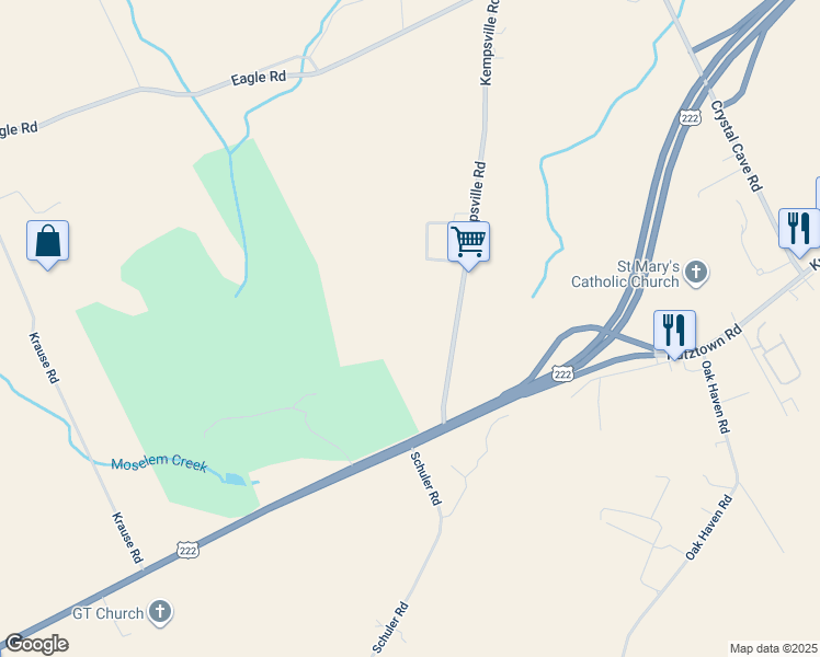 map of restaurants, bars, coffee shops, grocery stores, and more near 42 Kempsville Road in Kutztown