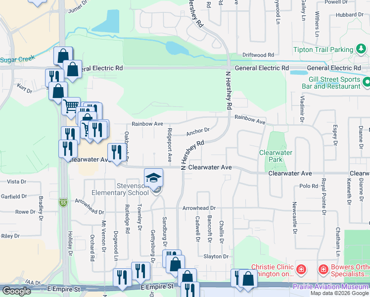 map of restaurants, bars, coffee shops, grocery stores, and more near 1412 North Hershey Road in Bloomington