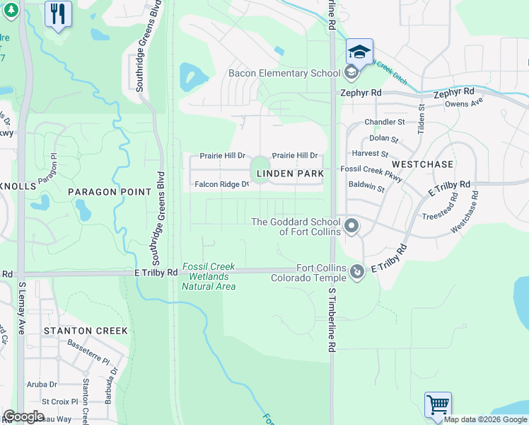 map of restaurants, bars, coffee shops, grocery stores, and more near 6398 Red Willow Drive in Fort Collins