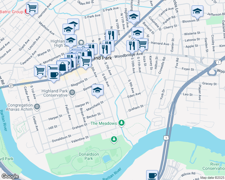 map of restaurants, bars, coffee shops, grocery stores, and more near 243 South 6th Avenue in Highland Park