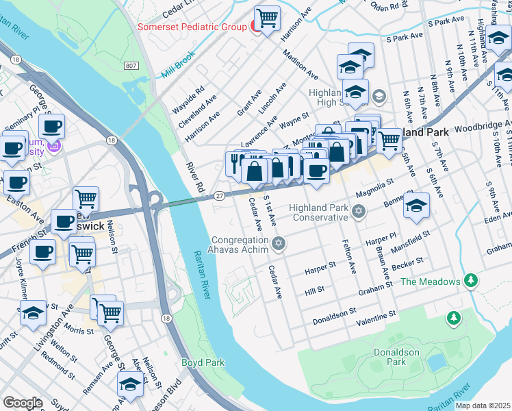 map of restaurants, bars, coffee shops, grocery stores, and more near 31 Cedar Avenue in Highland Park