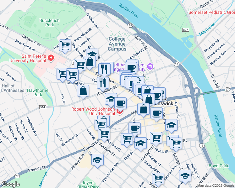map of restaurants, bars, coffee shops, grocery stores, and more near 24 Hardenberg Street in New Brunswick