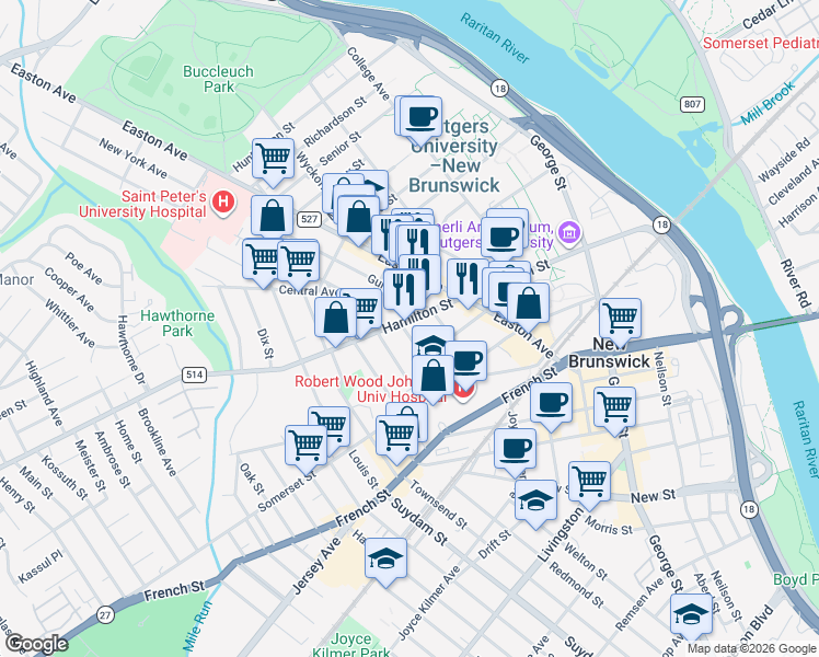 map of restaurants, bars, coffee shops, grocery stores, and more near 48 Division Street in New Brunswick