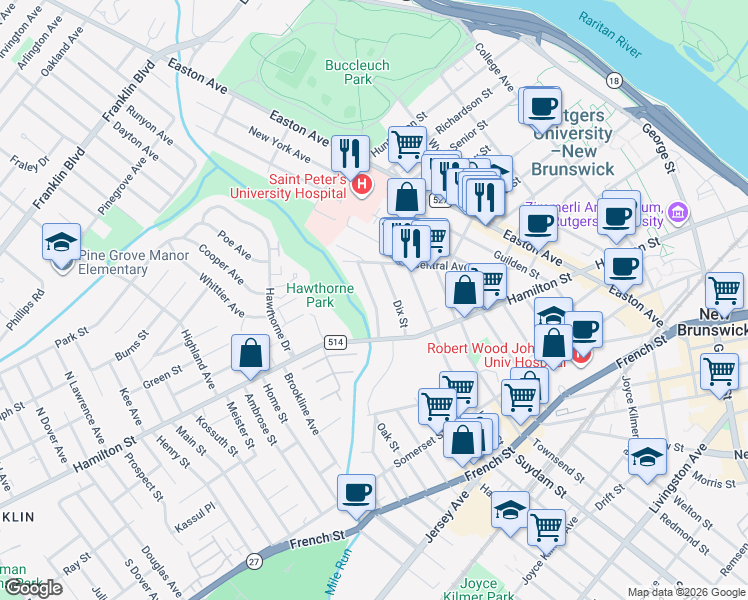 map of restaurants, bars, coffee shops, grocery stores, and more near 15 Woodbridge Street in New Brunswick