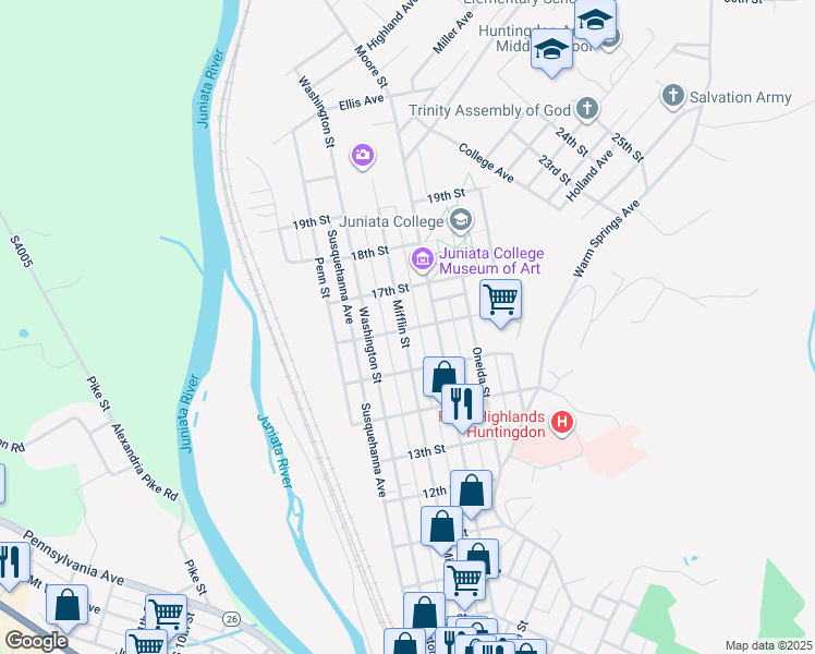 map of restaurants, bars, coffee shops, grocery stores, and more near 1527 Mifflin Street in Huntingdon