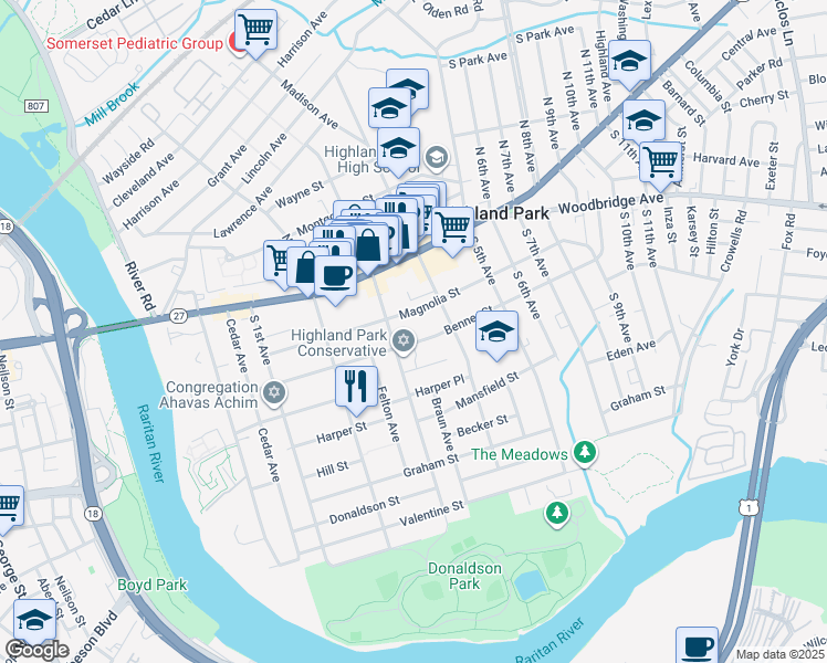 map of restaurants, bars, coffee shops, grocery stores, and more near 115 South 3rd Avenue in Highland Park