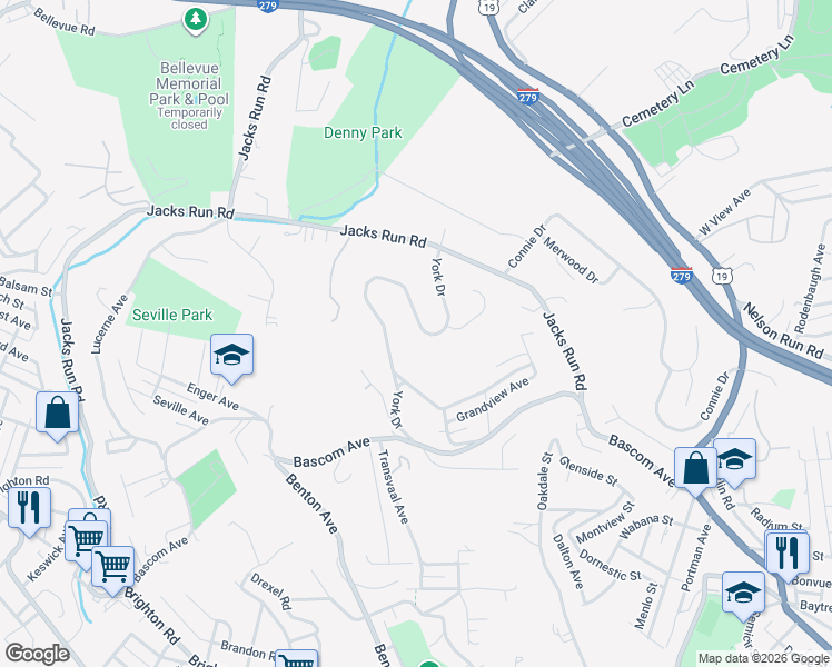 map of restaurants, bars, coffee shops, grocery stores, and more near 92 York Drive in Pittsburgh